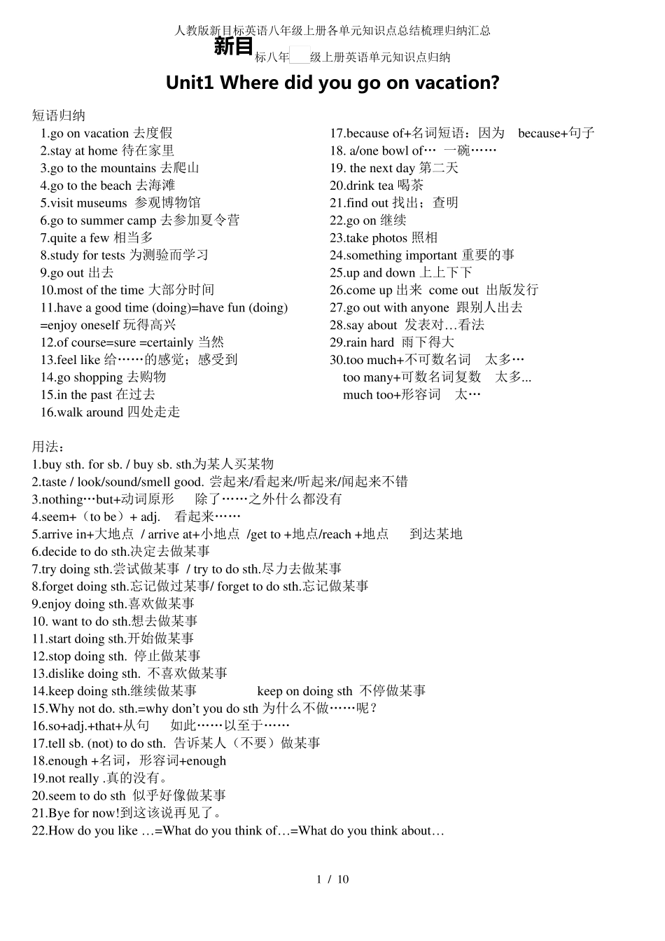 人教版新目标英语八年级上册各单元知识点总结梳理归纳汇总_第1页