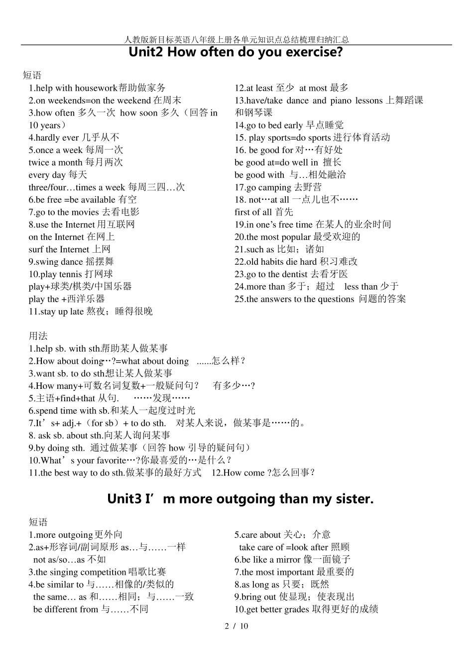 人教版新目标英语八年级上册各单元知识点总结梳理归纳汇总_第2页