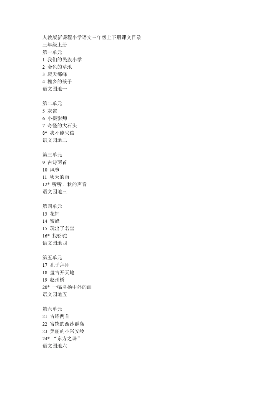 人教版新课程小学语文三年级上下册课文目录_第1页