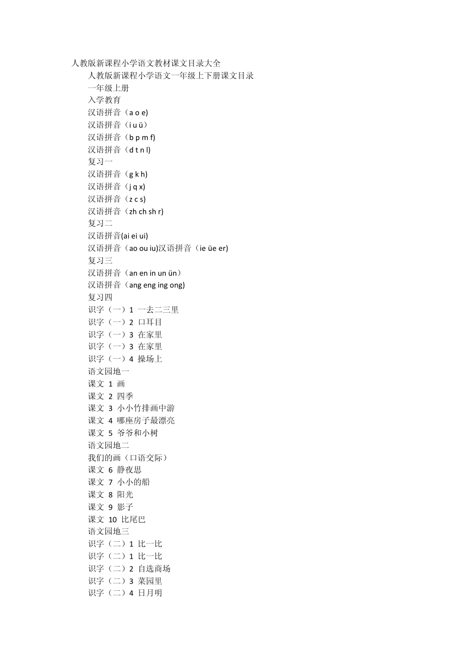 人教版新课程小学语文教材课文目录大全_第1页