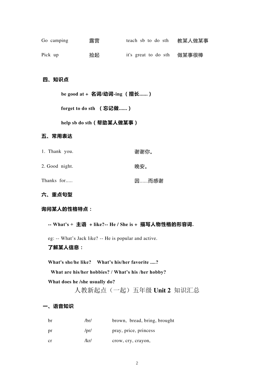 人教版新起点英语(一起)五年级上册全册知识点_第2页