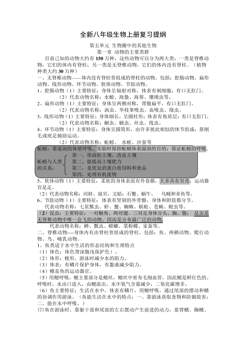 人教版生物八年级上册复习提纲_第1页