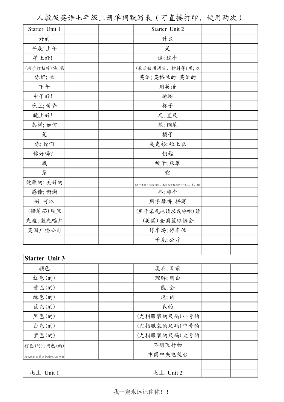 人教版英语七年级上册单词默写表(可直接打印,使用两次)_第1页