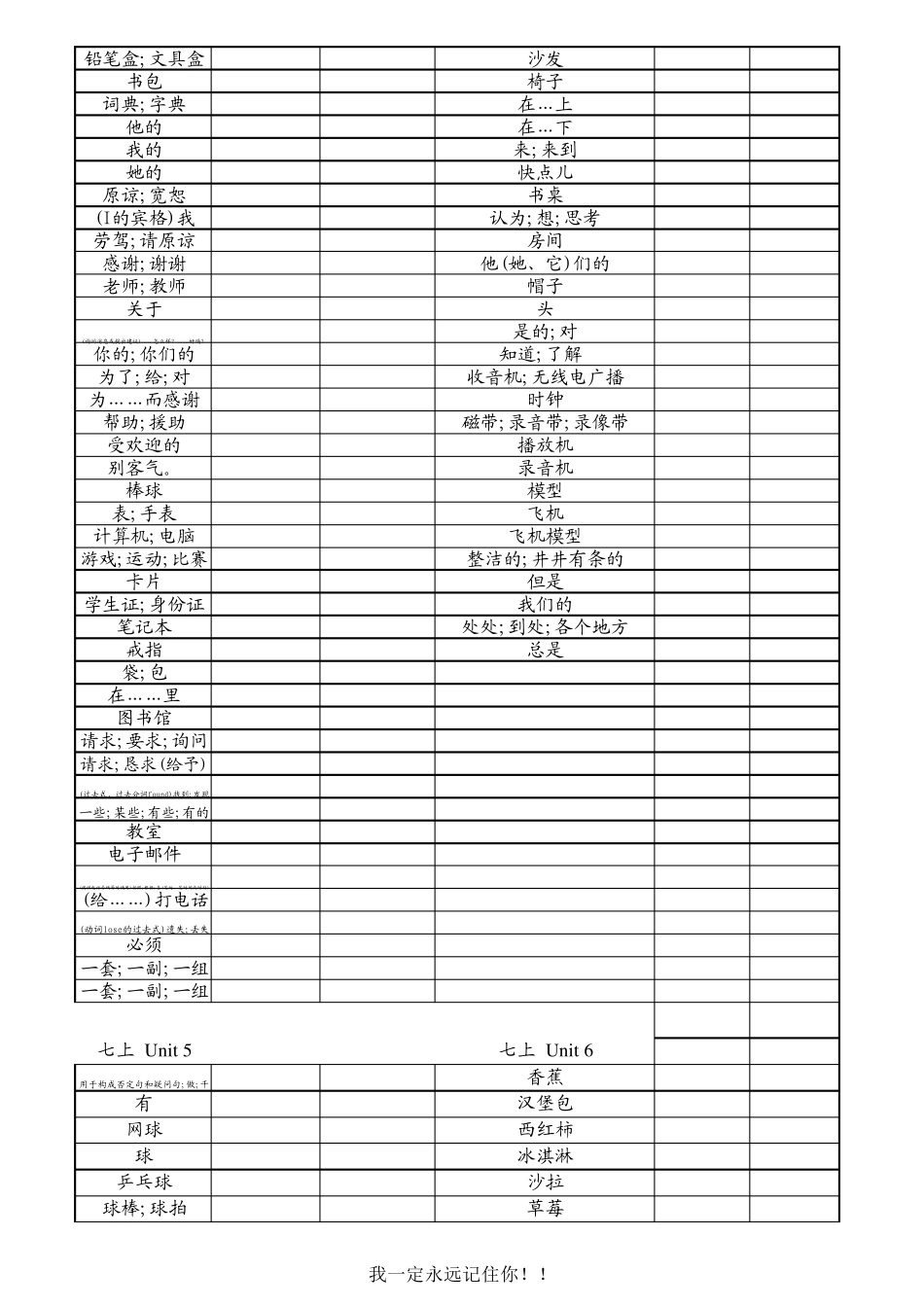 人教版英语七年级上册单词默写表(可直接打印,使用两次)_第3页