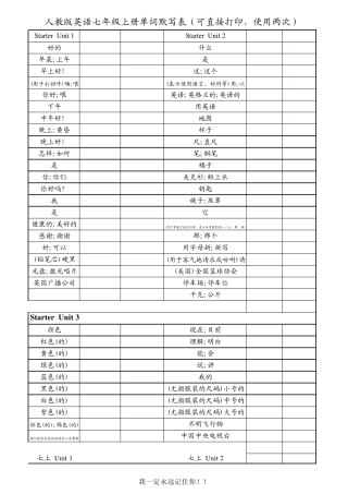 人教版英语七年级上册单词默写表(可直接打印,使用两次)