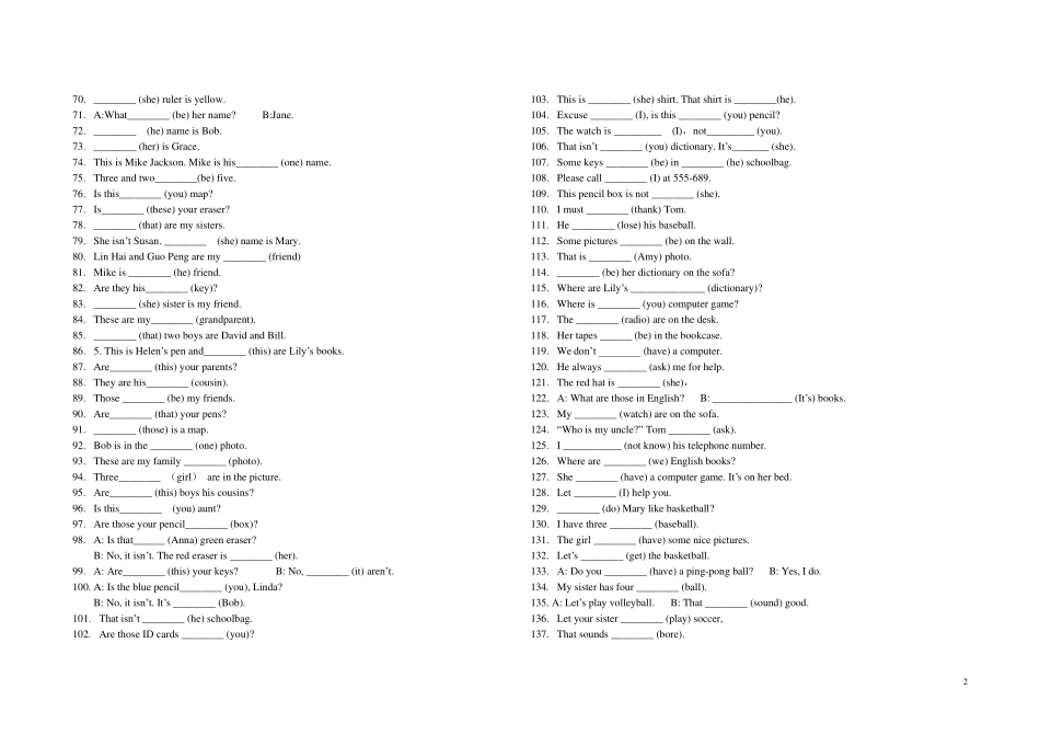 人教版英语七年级上用所给词的适当形式填空(无答案)_第2页