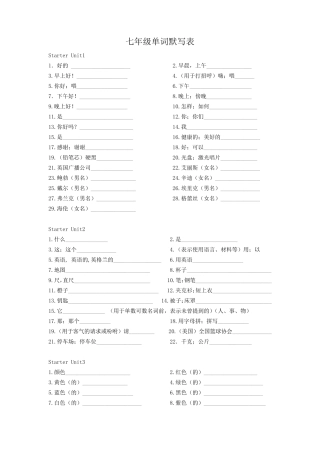 人教版英语七年级单词默写表