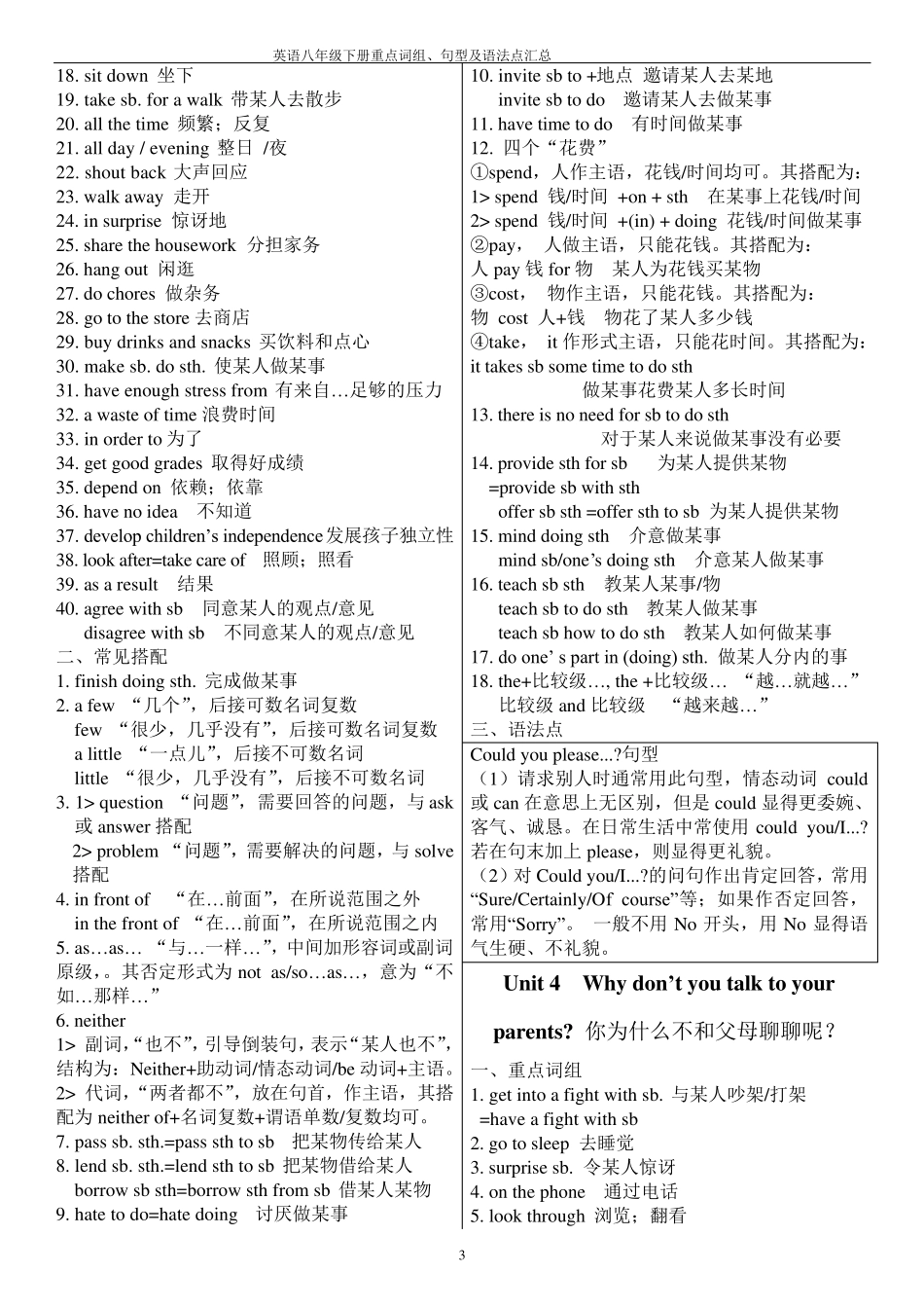 人教版英语八年级下册重点词组、句型及语法点汇总_第3页