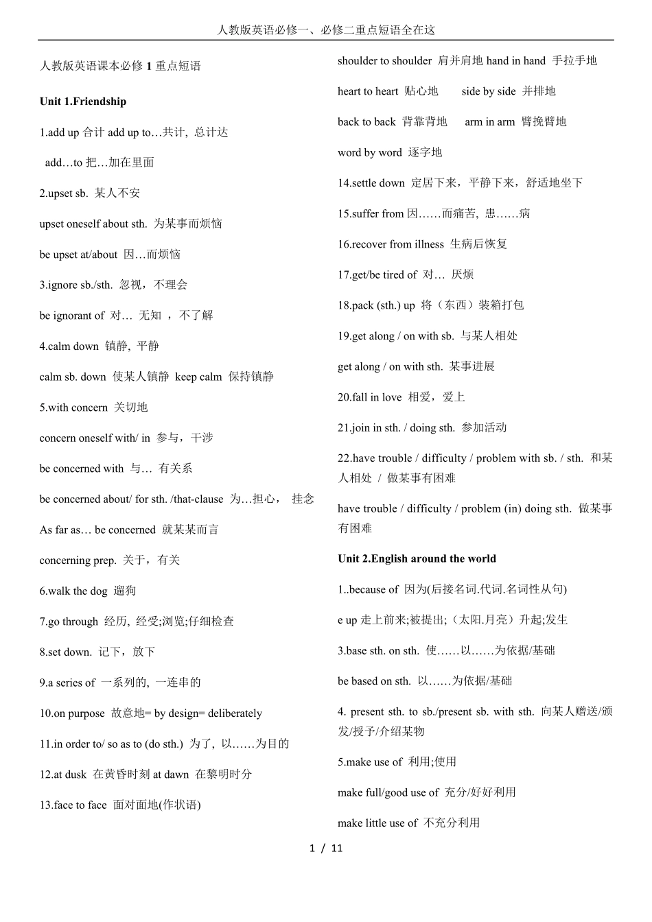 人教版英语必修一、必修二重点短语全在这_第1页