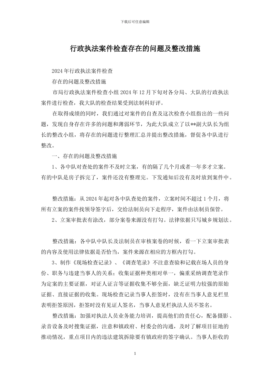 行政执法案件检查存在的问题及整改措施_第1页