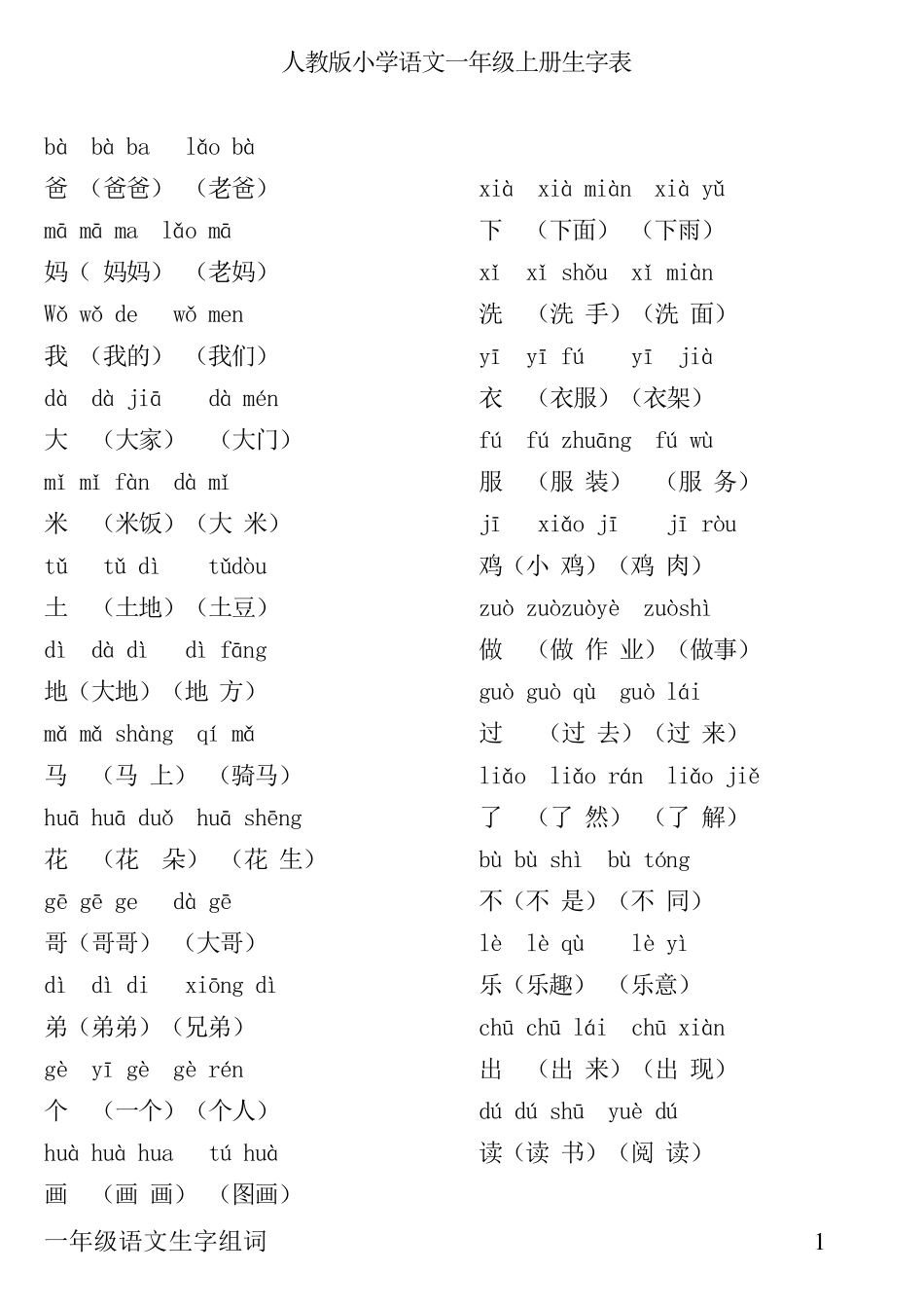 人教版语文一年级上全部生字组词加拼音_第1页