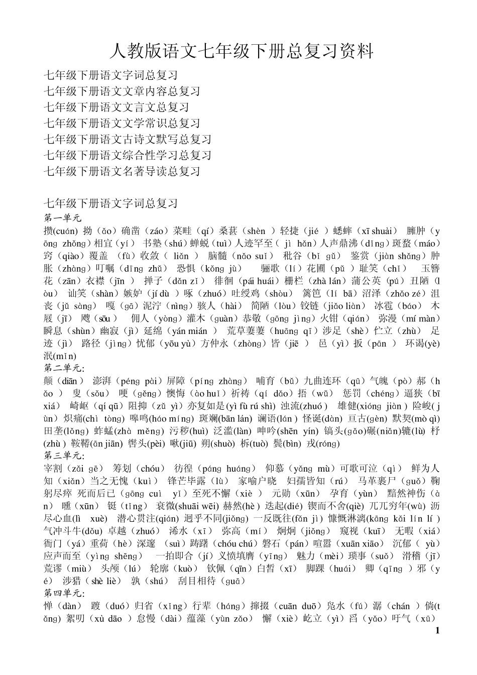 人教版语文七年级下册总复习资料_第1页