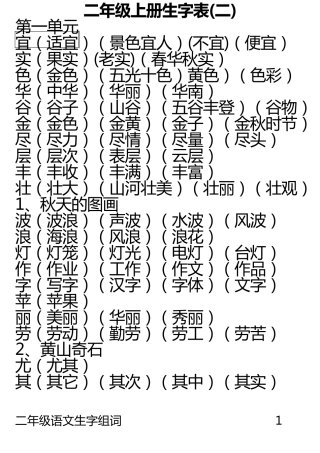 人教版语文二年级上、下册生字表二生字组词_