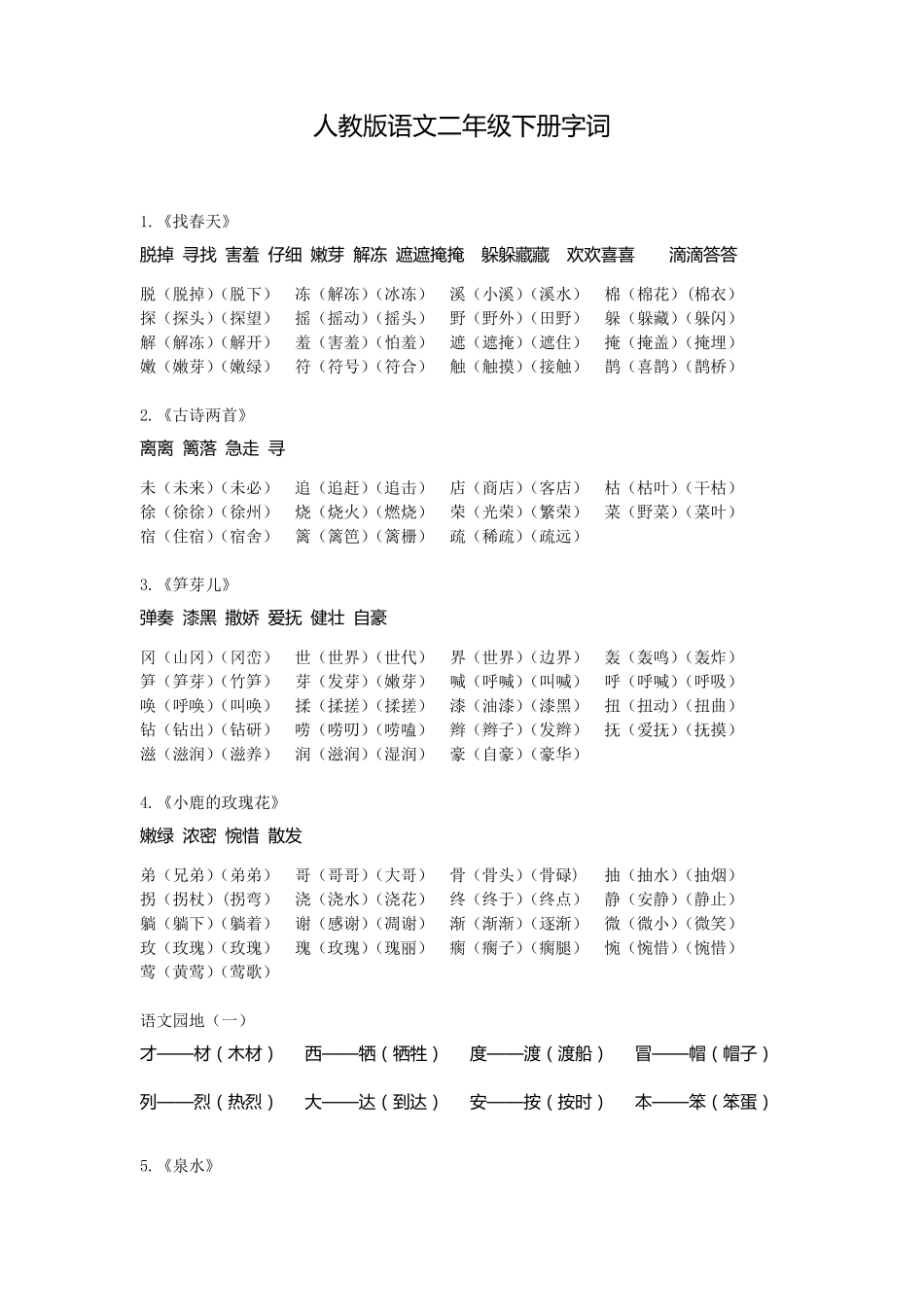 人教版语文二年级下册必背字词_第1页