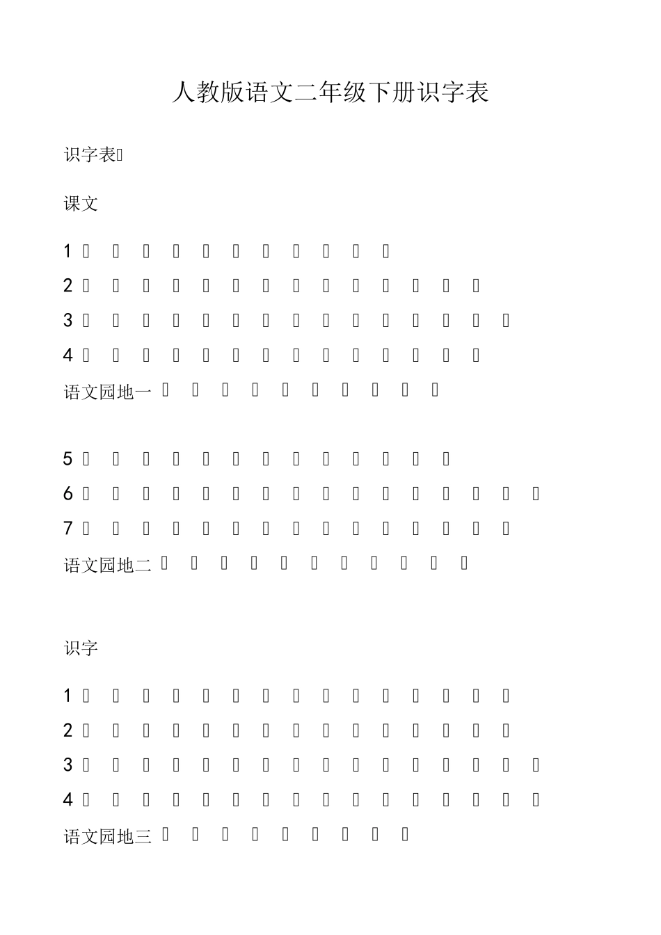 人教版语文二年级下册识字表_第1页
