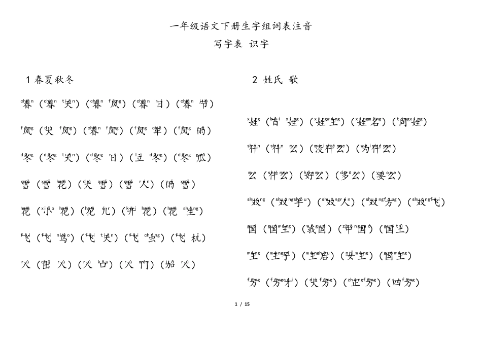 人教版部编版一年级语文下册生字表_第1页