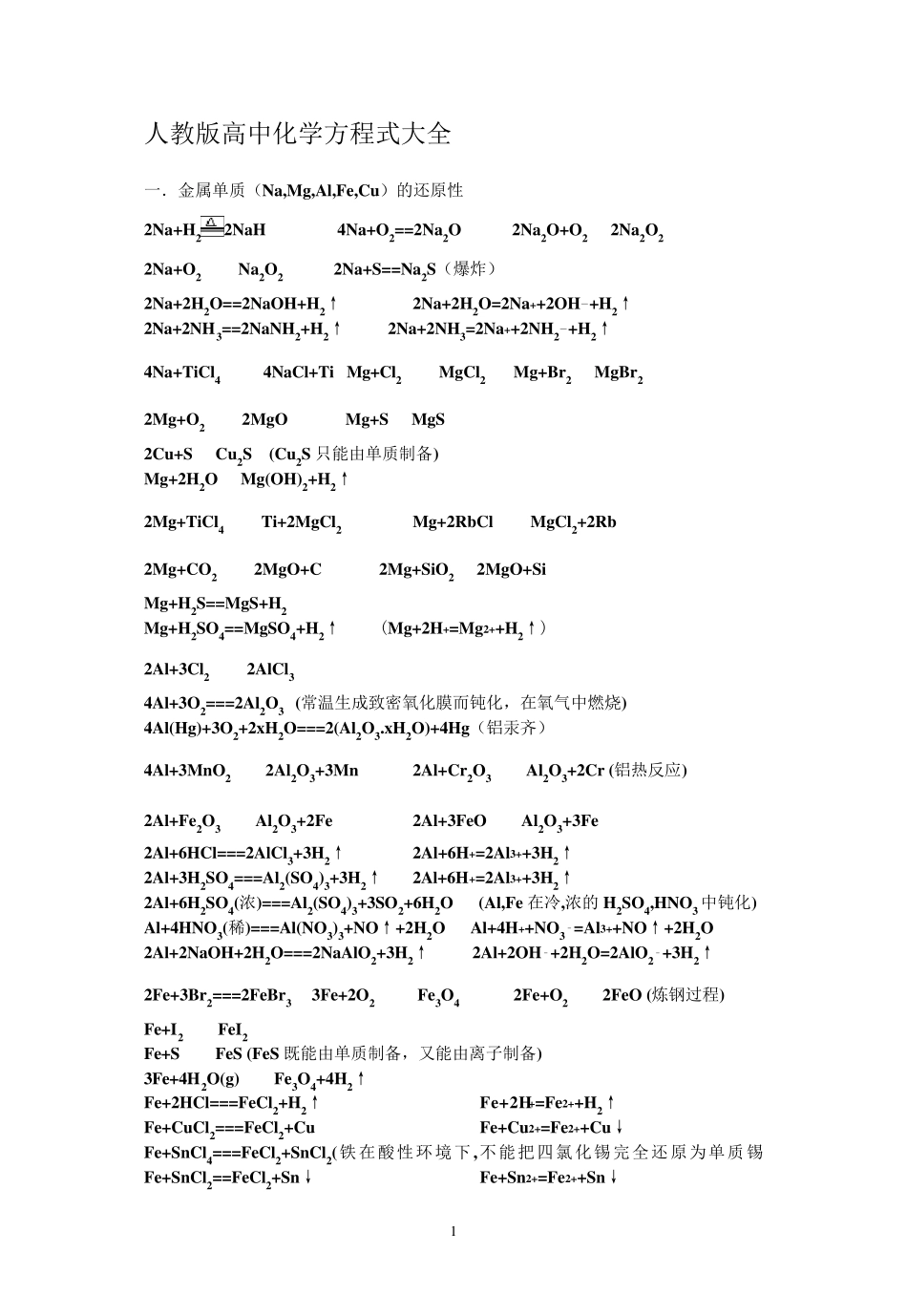 人教版高中化学方程式大全_第1页