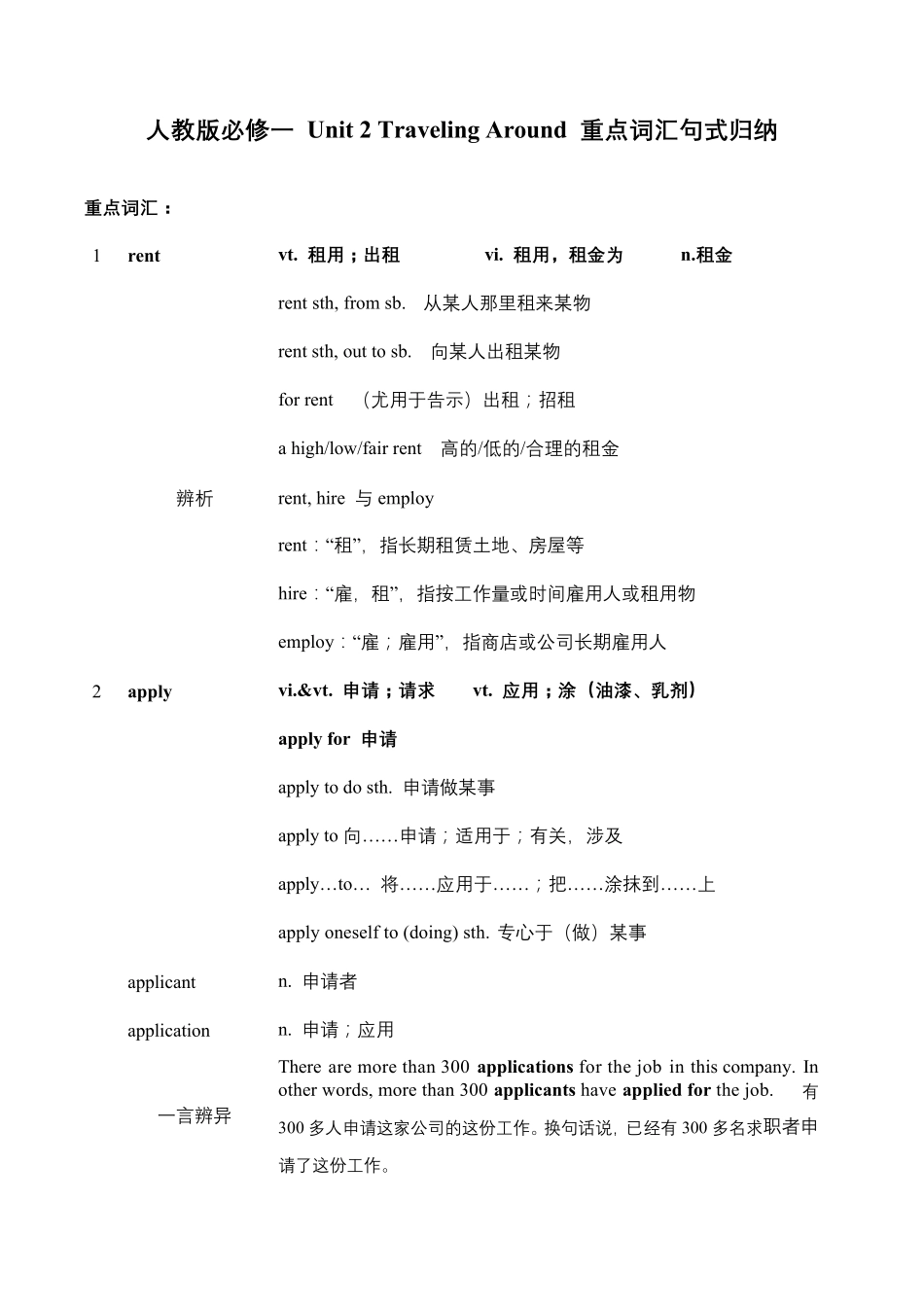 人教版高中必修一Unit2TravellingAround重点词汇句式归纳_第1页