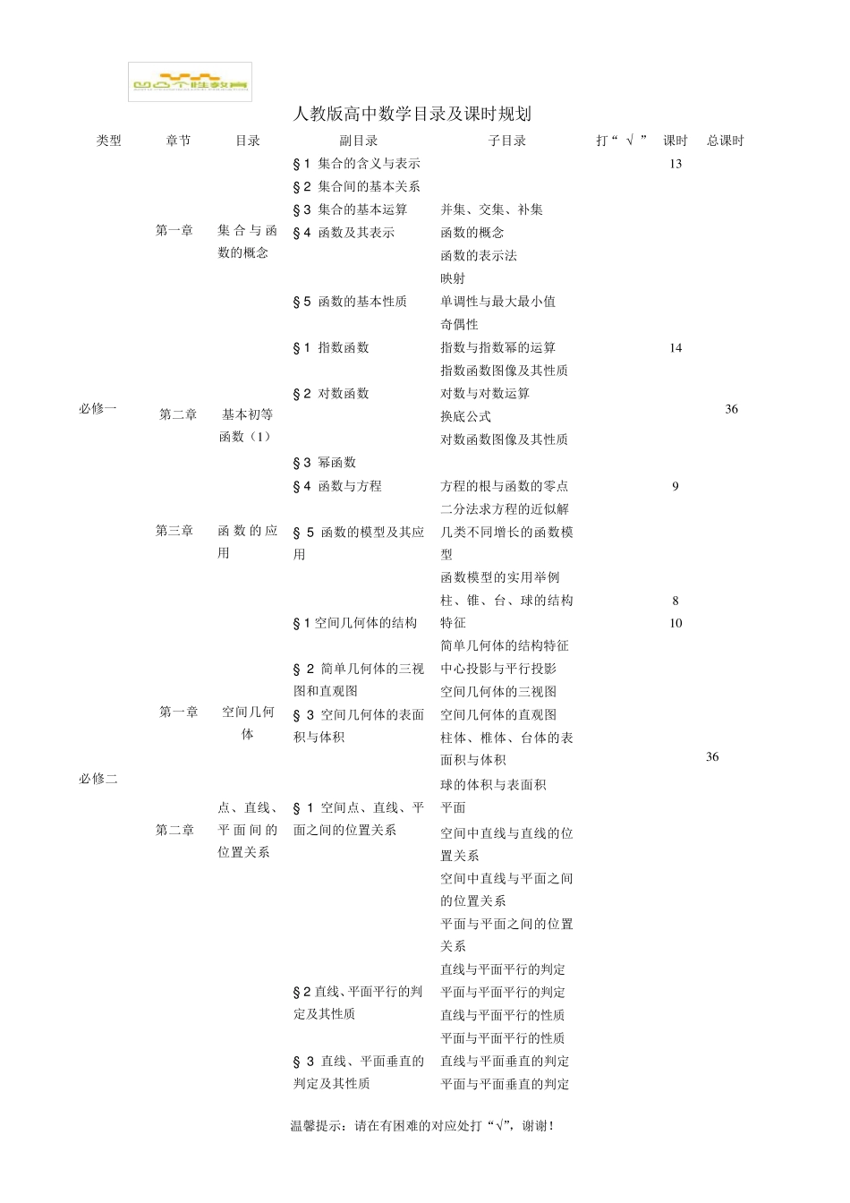 人教版高中数学目录及课时安排_第1页