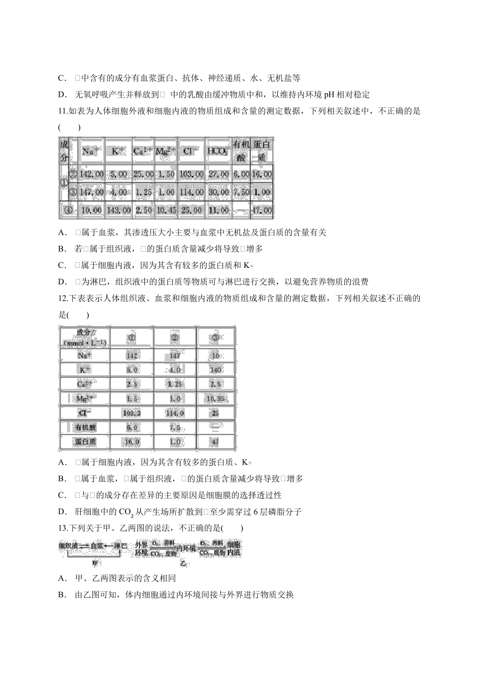 人教版高中生物必修三第1章《人体的内环境与稳态》单元测试题_第3页