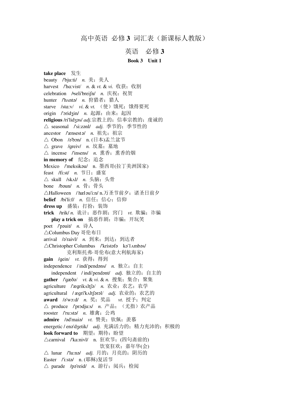 人教版高中英语_必修3_词汇表(带音标)_第1页