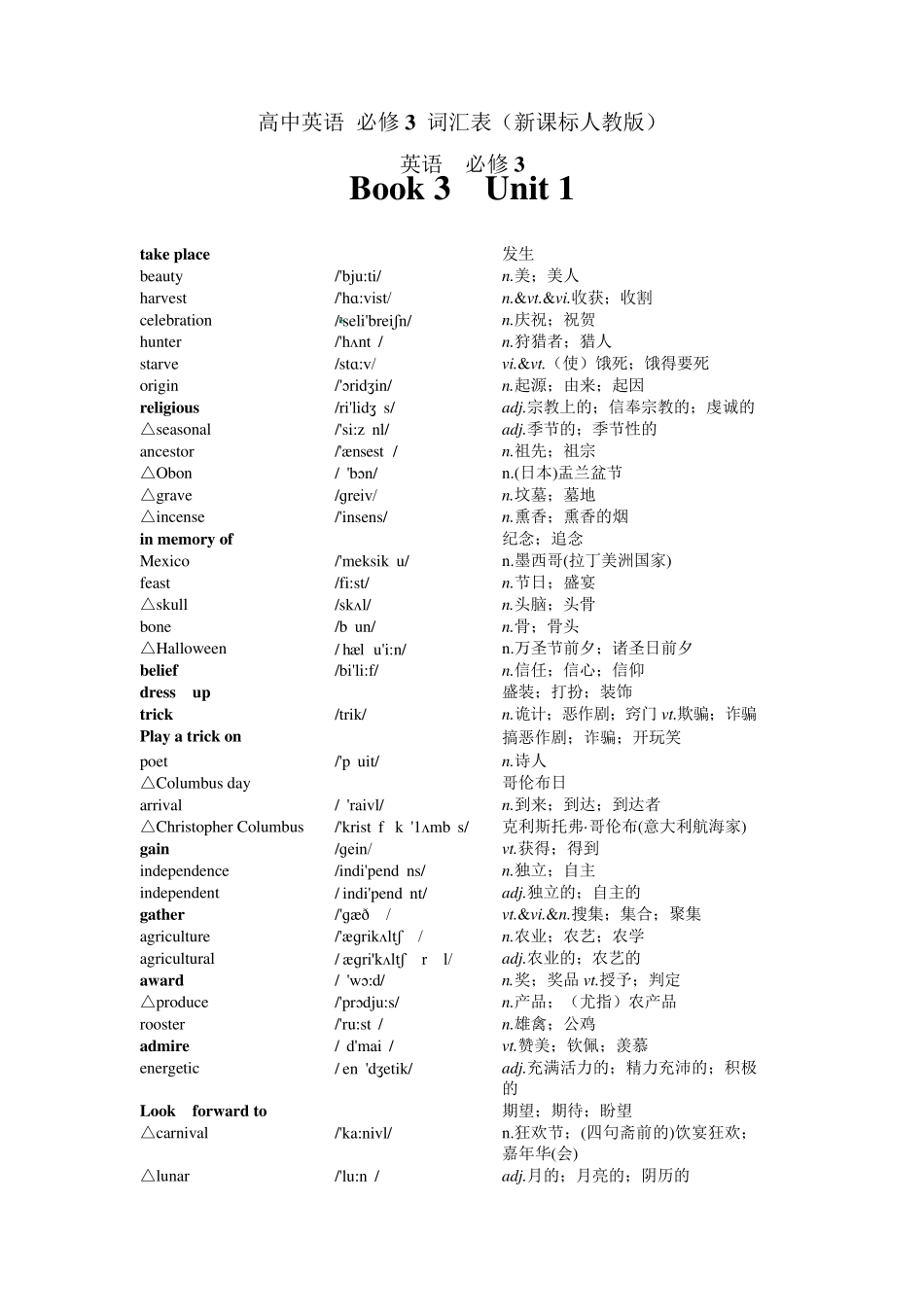 人教版高中英语_必修3_词汇表(带音标打印默写版)_第1页