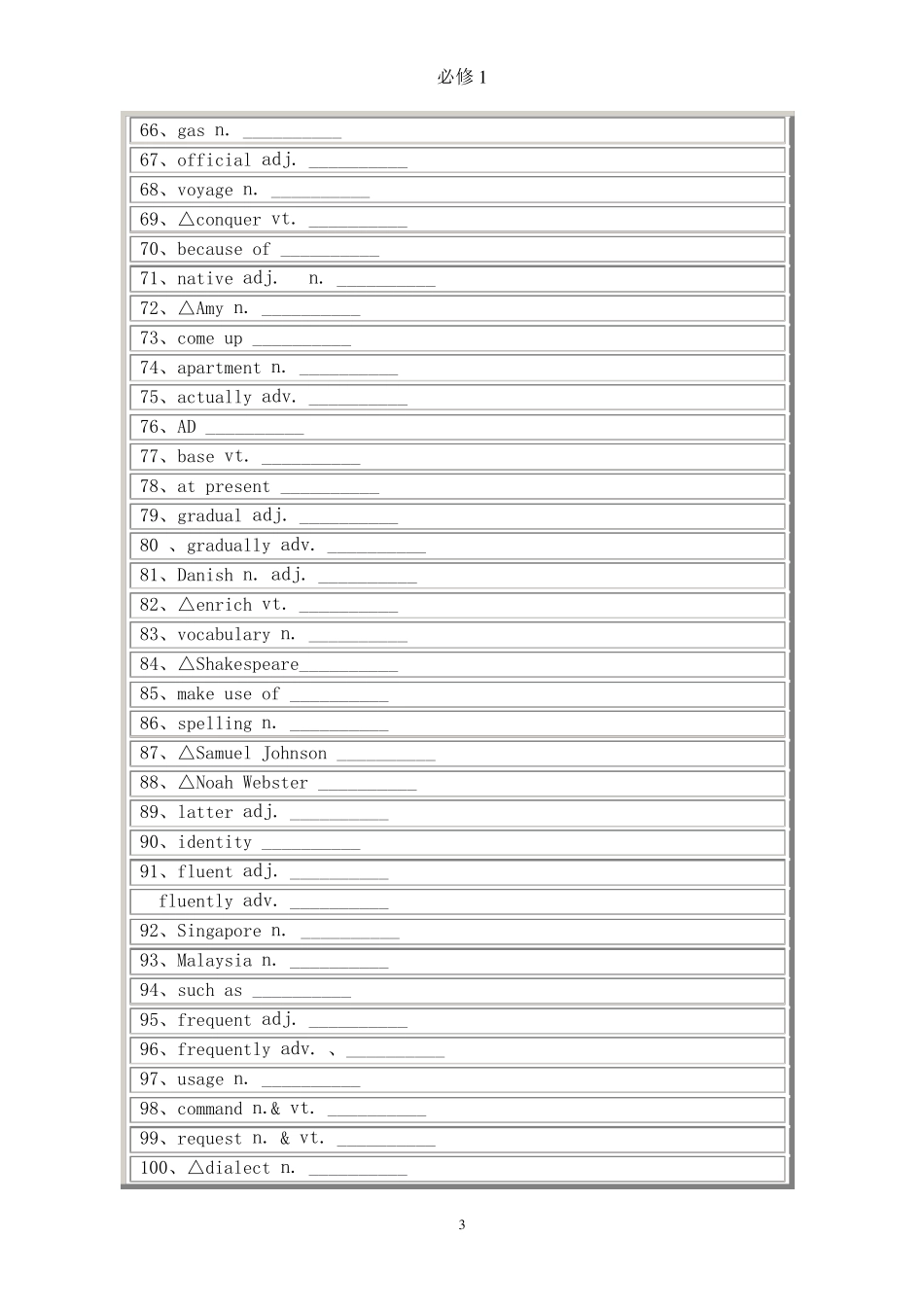 人教版高中英语必修1单词默写表[表格版!!]_第3页