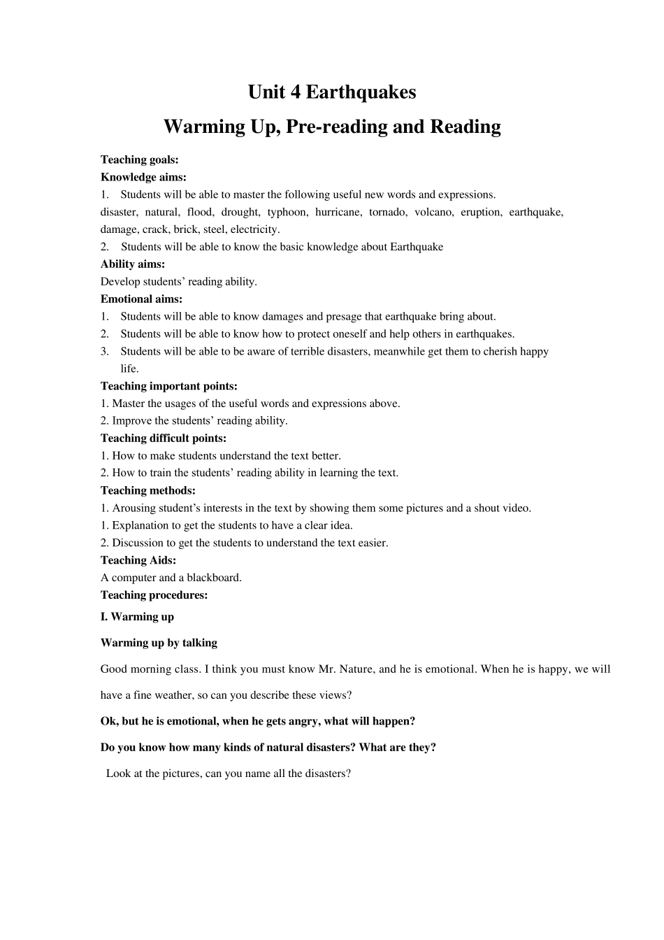 人教版高中英语必修1教案Unit_4_Earthquakes_第1页