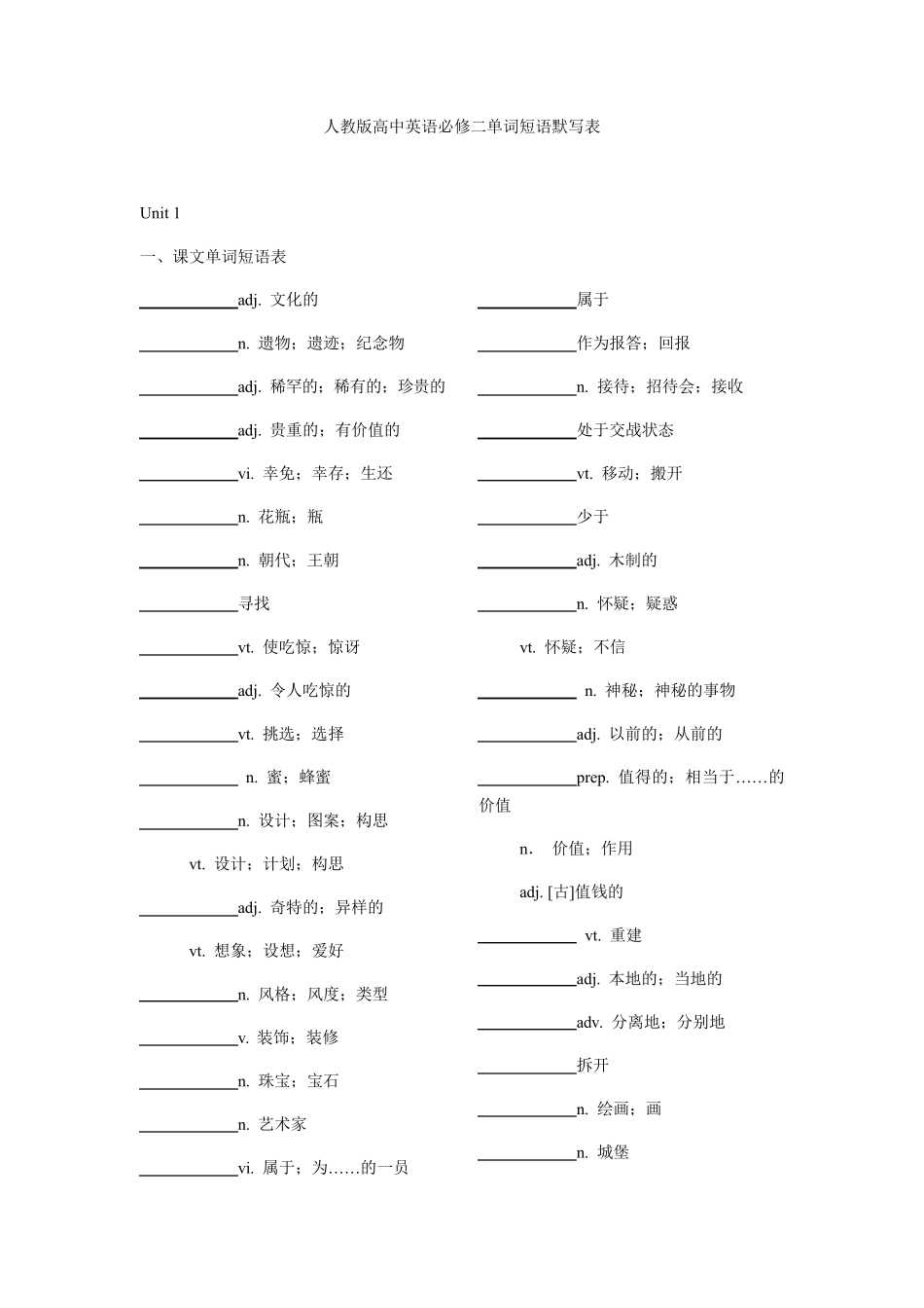 人教版高中英语必修二单词短语默写表_第1页