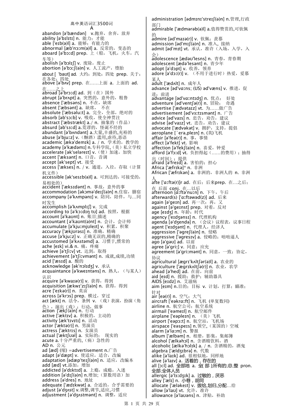 人教版高中英语词汇3500词带音标_第1页