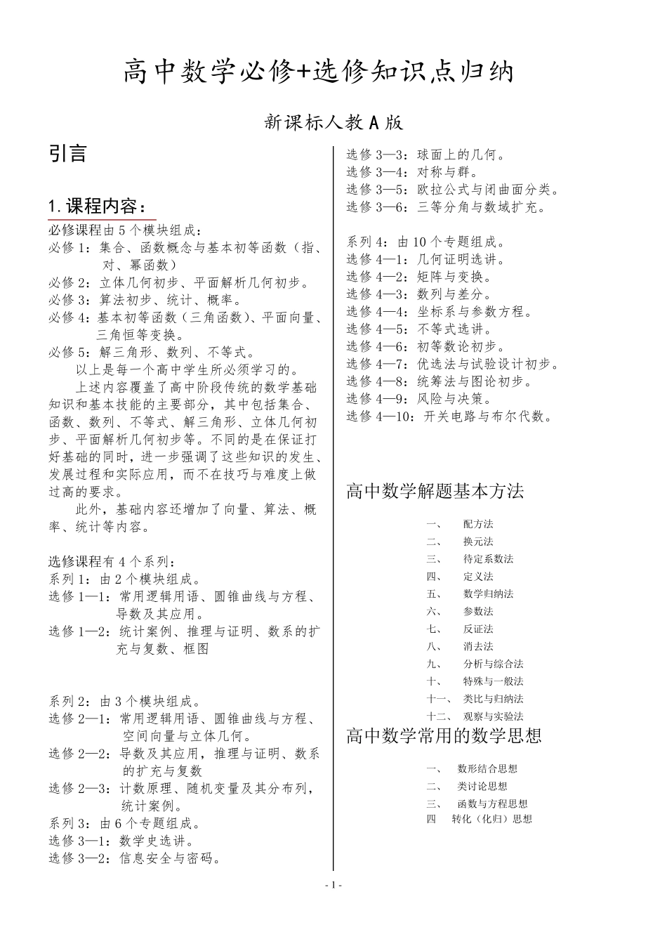 人教版：高中数学必修+选修全部知识点精华归纳总结_第1页