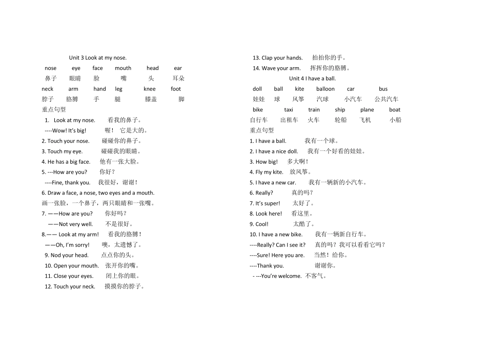 人教精通版小学英语三年级重点句型和单词_第2页