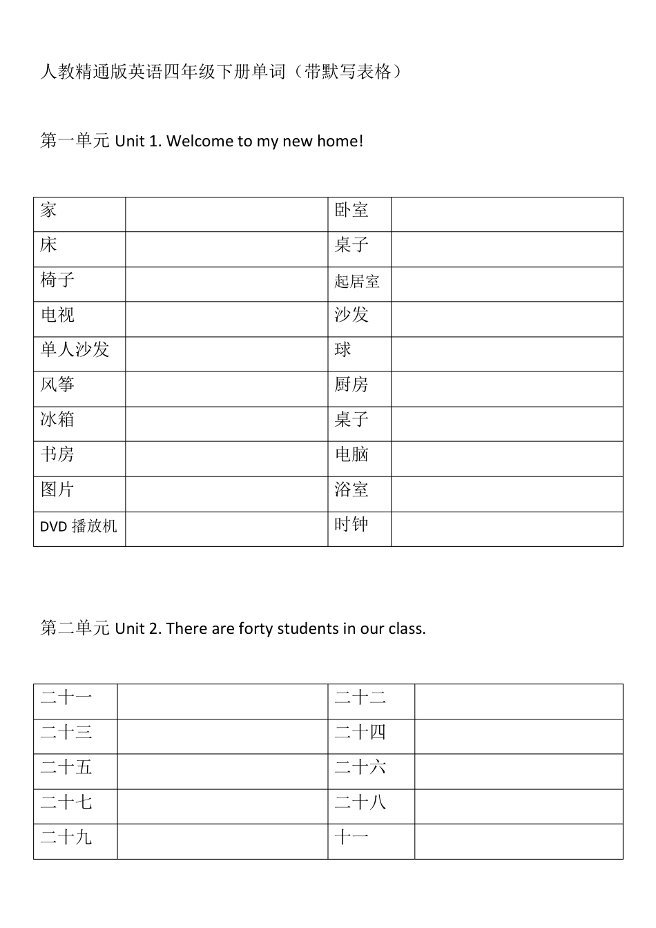 人教精通版小学英语四年级下册单词表(带默写表格)_第1页