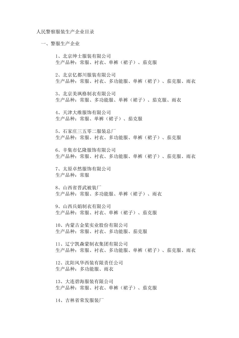 人民警察服装生产企业目录_第1页