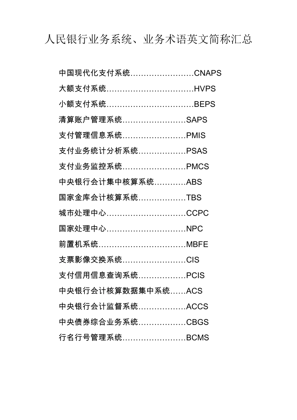 人民银行业务系统、业务术语英文简称汇总_第1页