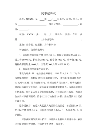 人身损害赔偿诉状(民事起诉状)