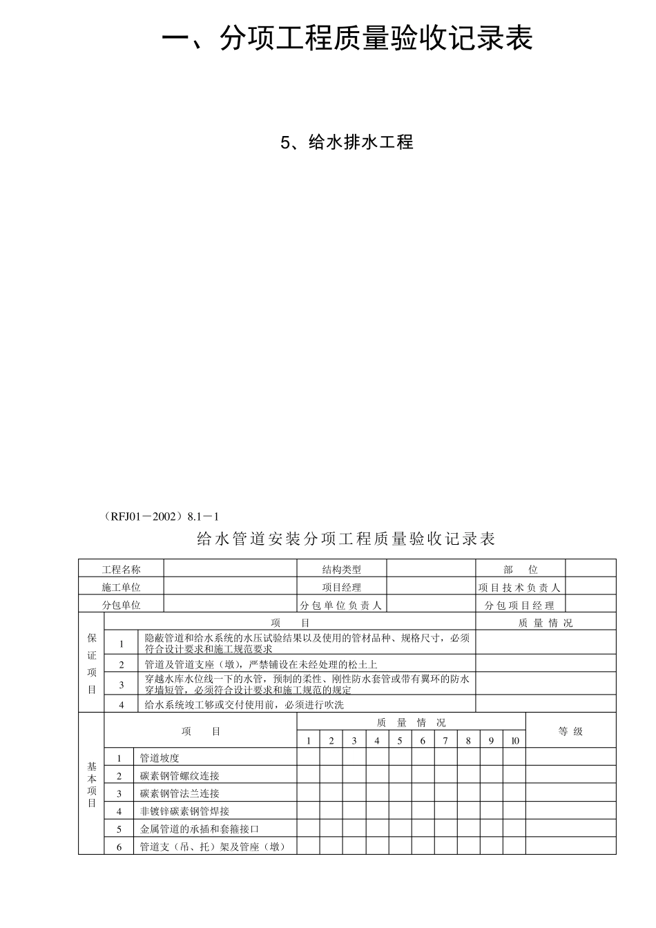 人防工程水电安装检验批(全部范本)_第1页