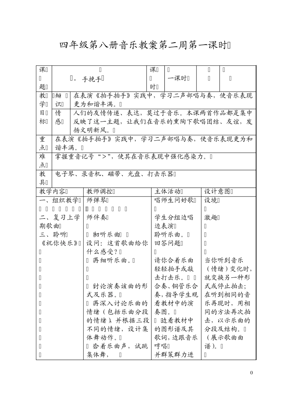 人音版小学音乐四年级下册教案表格版_第1页