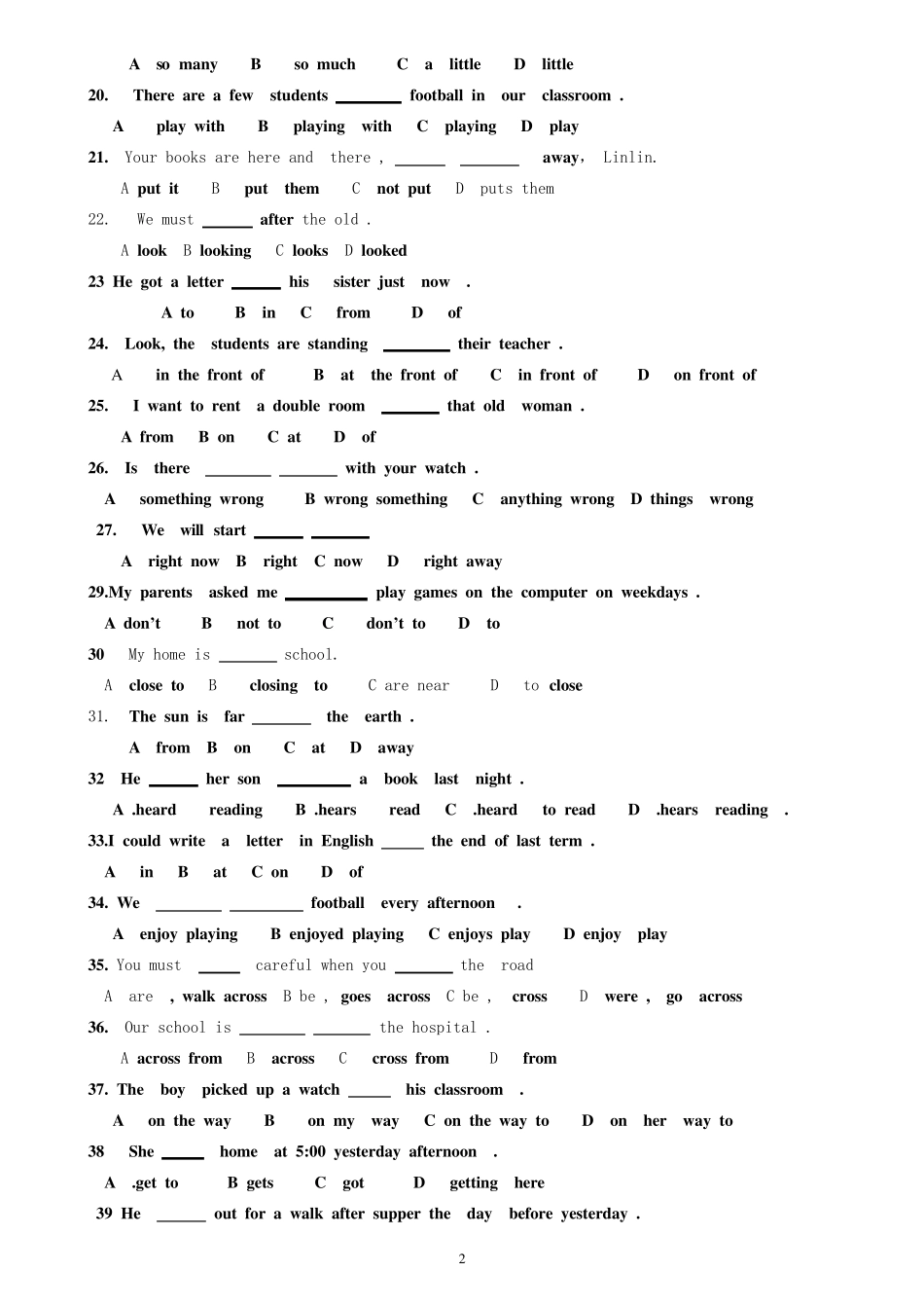 仁爱版初一英语(下)选择填空题百题训练_第2页