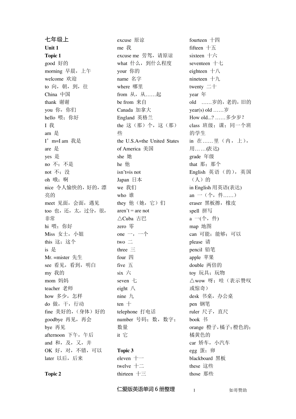 仁爱版初中英语单词分册汇总_第1页