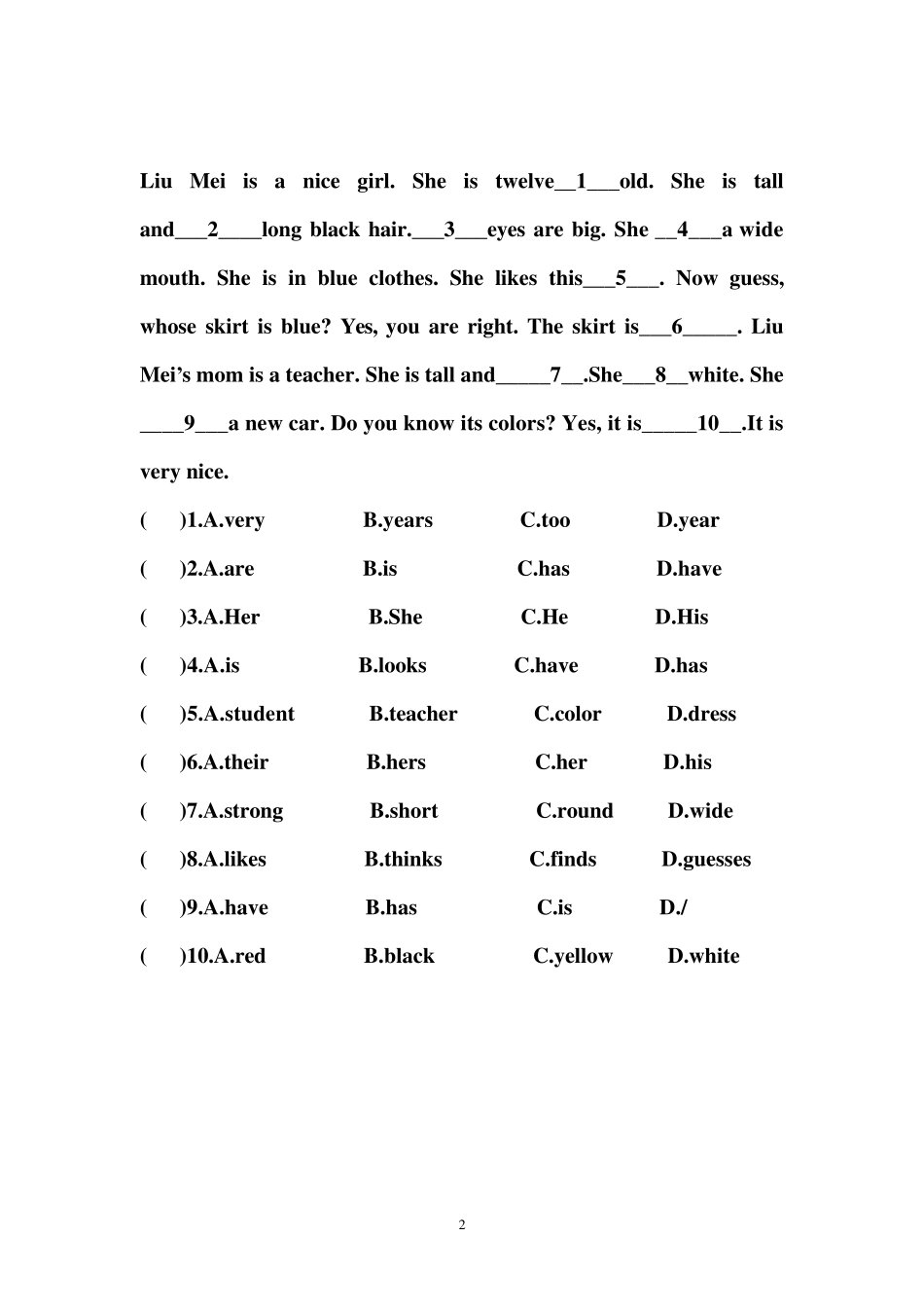仁爱版英语七年级上册完型填空阅读理解练习题_第2页