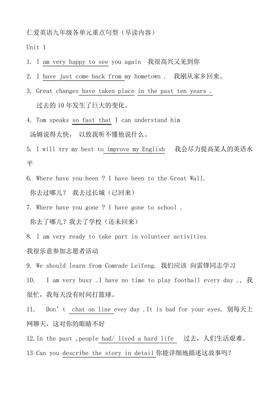 仁爱版英语九年级各单元重点短语和句型_第1页