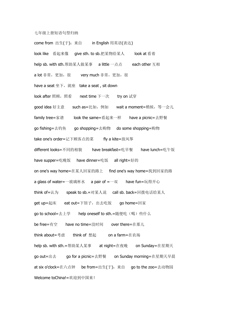 仁爱英语七年级上册短语句型归纳_第1页