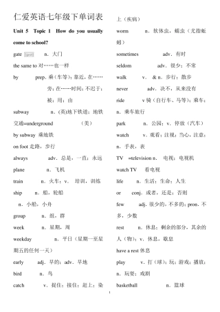 仁爱英语七年级下册单词表