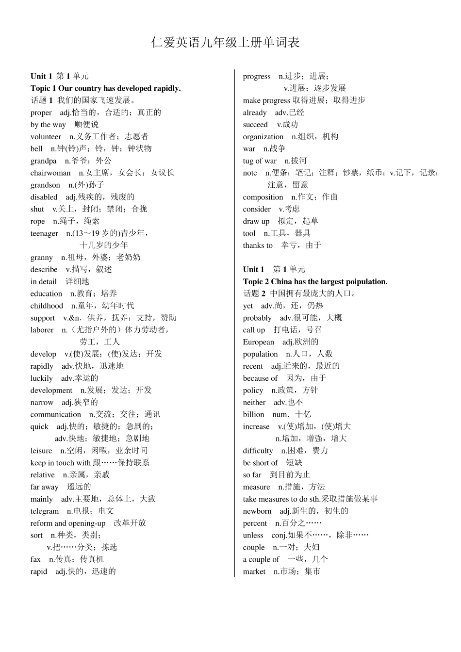 仁爱英语九年级上册单词表(中英文)_第1页