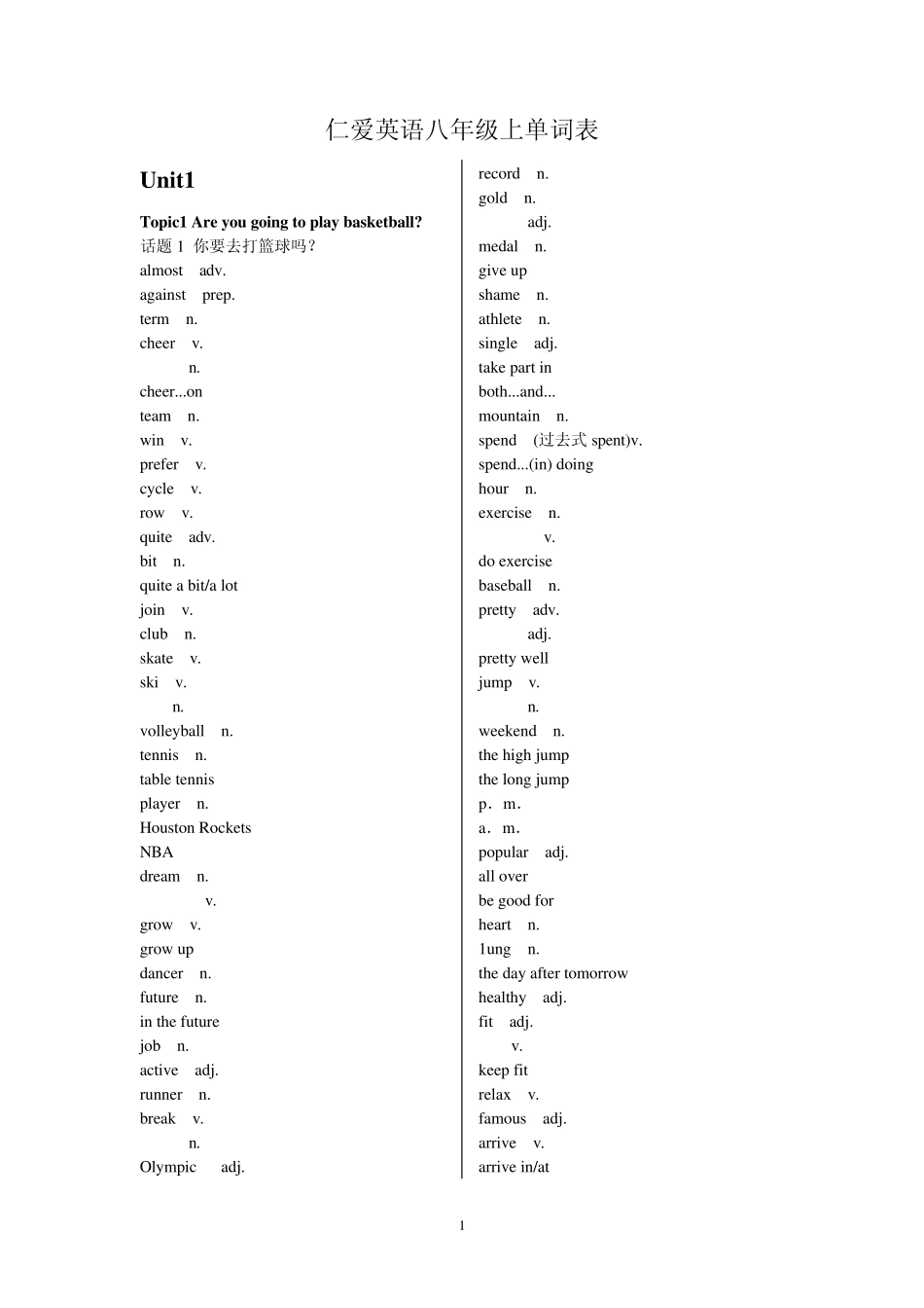 仁爱英语八年级上册单词表(只有英文)_第1页