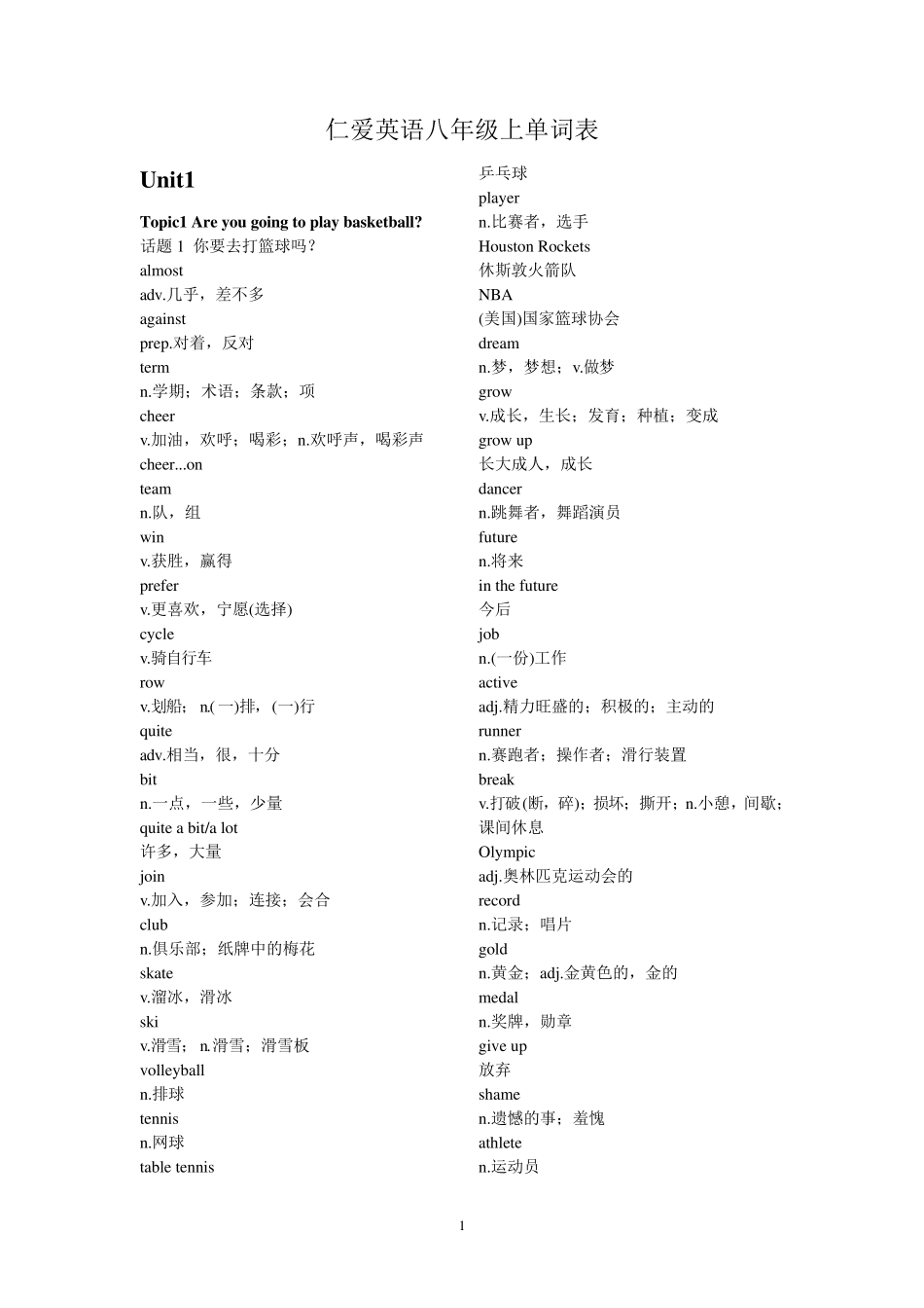 仁爱英语八年级上单词表_第1页