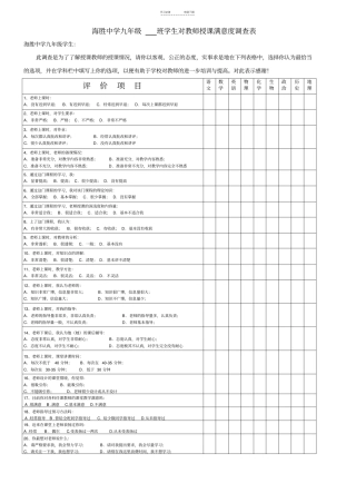 海胜中学九年级学生对教师授课满意度调查表