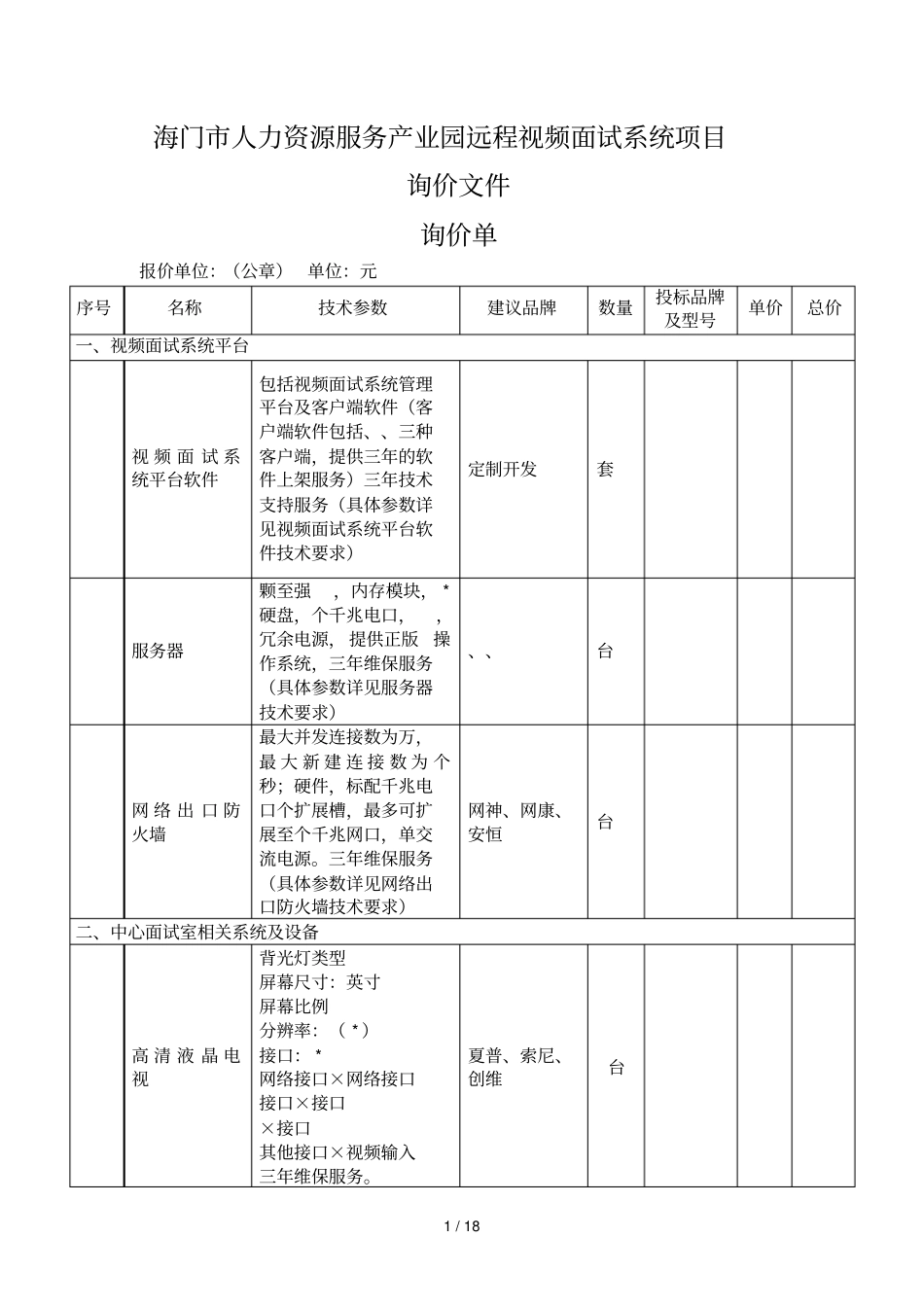 海门人力资源服务产业园远程视频面试系统项目询价文件_第1页