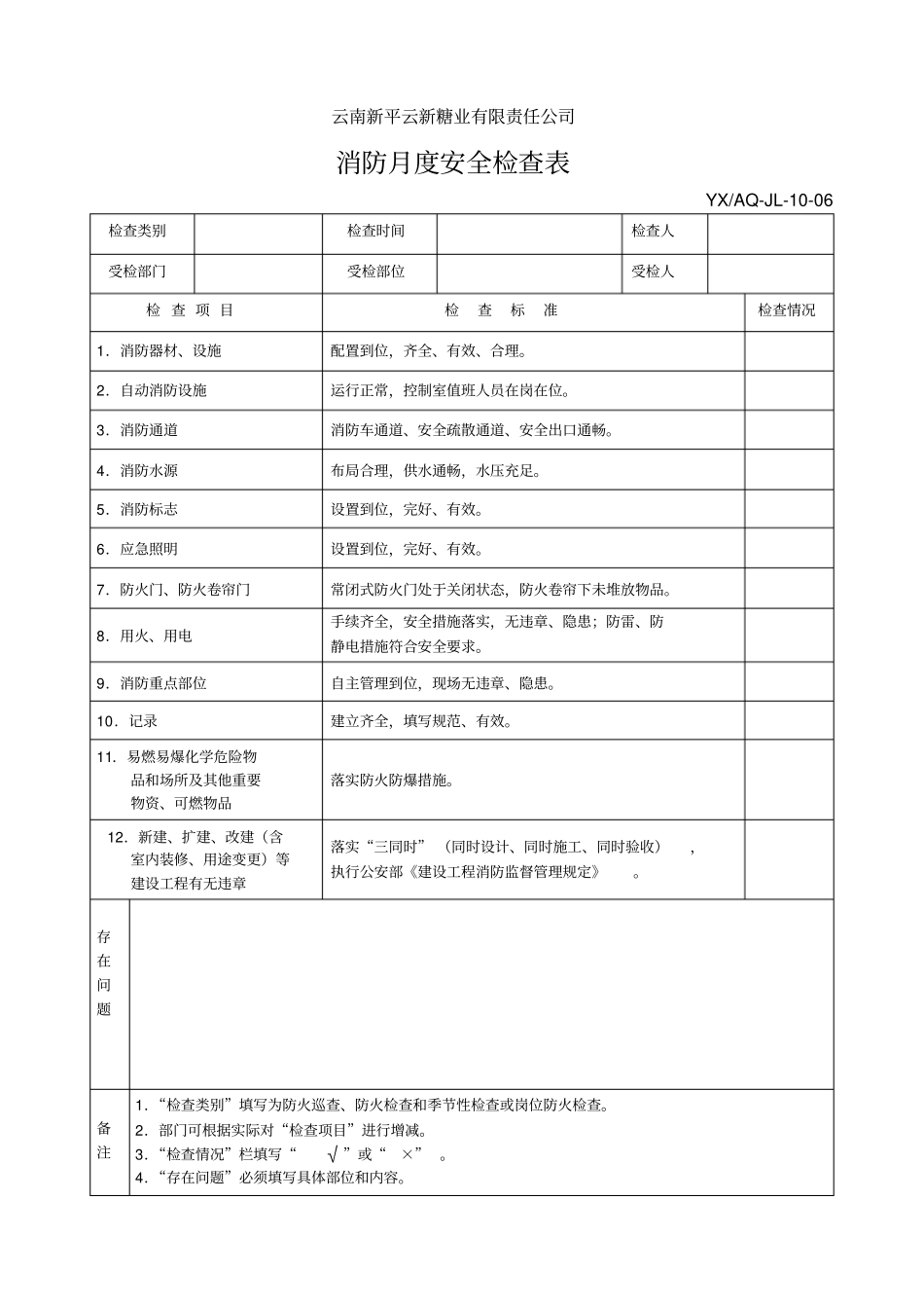 消防月度安全检查表_第1页